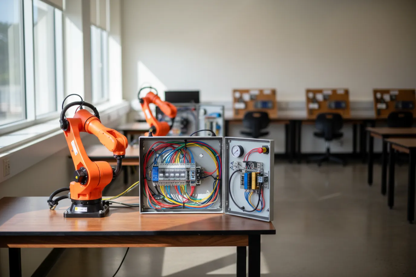 Empty community college mechatronics lab with an orange robot arm and an open PLC control panel beside student workstations